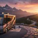 RV parked at scenic overlook during sunset, symbolizing a 21-day road trip adventure.