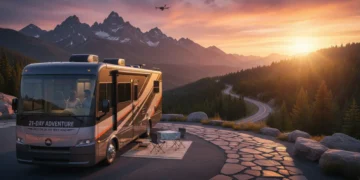 RV parked at scenic overlook during sunset, symbolizing a 21-day road trip adventure.