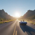 Panoramic view of a scenic American highway at sunset, ideal for a cross-country road trip.