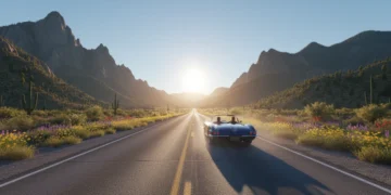 Panoramic view of a scenic American highway at sunset, ideal for a cross-country road trip.