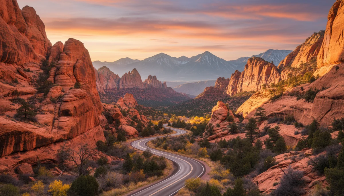 Scenic road through national park with red rock formations