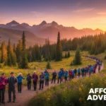 Hikers enjoying a scenic trail at sunset, showcasing affordable outdoor adventure