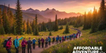 Hikers enjoying a scenic trail at sunset, showcasing affordable outdoor adventure