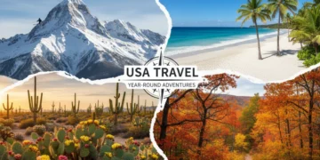 Diverse US landscapes representing seasonal travel opportunities
