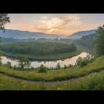 Sunrise over a pristine, lesser-known state park river with a distant hiker