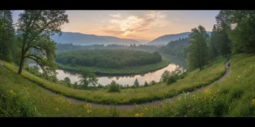 Sunrise over a pristine, lesser-known state park river with a distant hiker