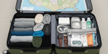 Efficiently packed suitcase for US travel, showing organized clothes and essentials