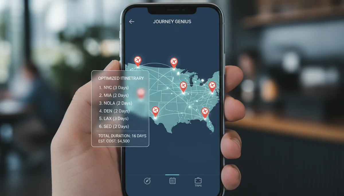 Smartphone displaying advanced travel planning app with US map and optimized itinerary