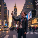 Confident female solo traveler exploring a vibrant US city at dusk