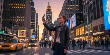 Confident female solo traveler exploring a vibrant US city at dusk