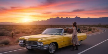 Solo female traveler admiring desert sunset from vintage car on a scenic road trip