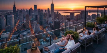 Couple enjoying a panoramic city view at sunset during a stress-free 4-day US city escape in 2026.