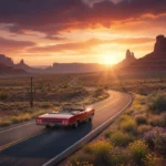 Sunset over a scenic desert byway with a classic car driving into the distance.