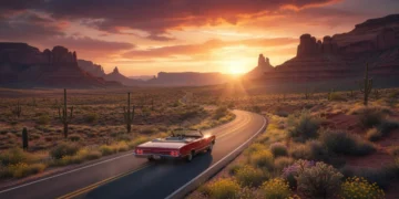 Sunset over a scenic desert byway with a classic car driving into the distance.