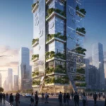 Sustainable skyscraper in a futuristic urban landscape