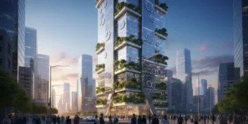 Sustainable skyscraper in a futuristic urban landscape