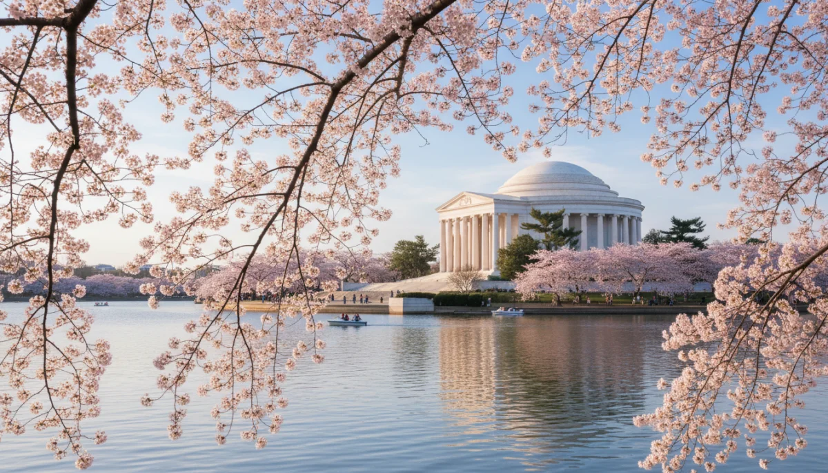 Cherry blossoms blooming by Tidal Basin with Jefferson Memorial in Washington D.C.