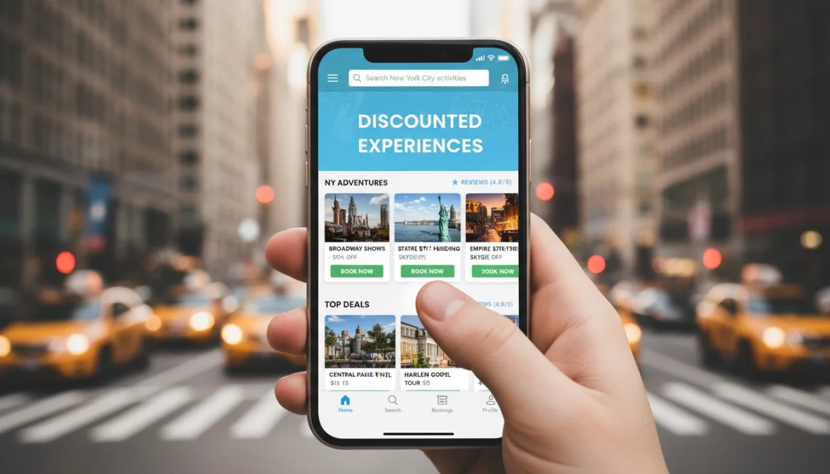 Smartphone screen showing a travel app with discounted city activities.