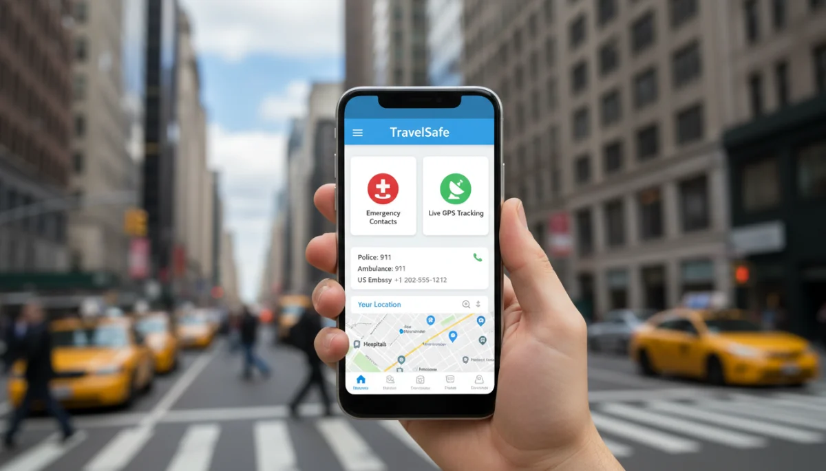 Traveler using a safety app on a smartphone