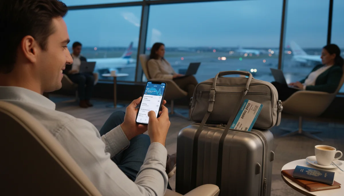 Organized traveler checking itinerary in airport lounge