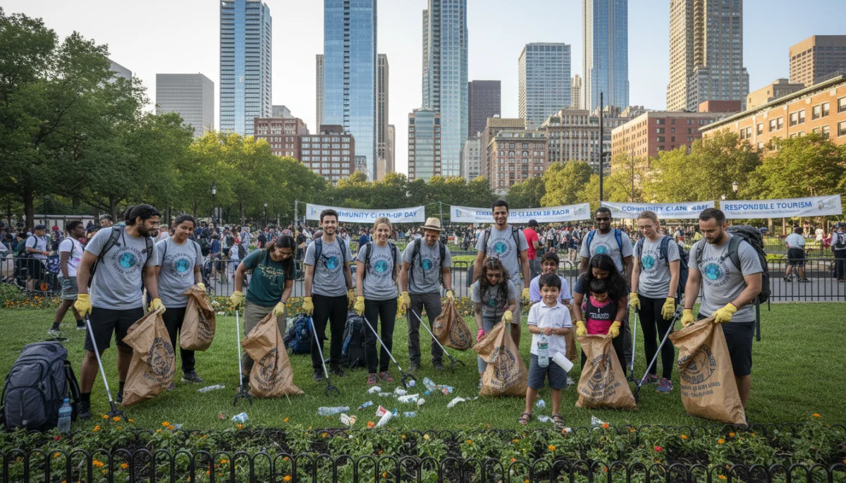 Travelers engaging in urban park clean-up initiative