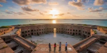 Panoramic view of a unique historical landmark in the USA at sunset