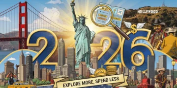 Iconic US city landmarks collage with 2026 overlay, representing value travel