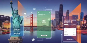 Travel apps enhancing a 2026 US city break experience with landmark icons.