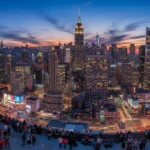 Dynamic US city skyline at dusk, capturing vibrant urban culture and nightlife