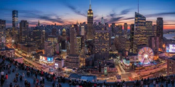 Dynamic US city skyline at dusk, capturing vibrant urban culture and nightlife