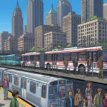 Modern public transport network in a bustling US city, illustrating efficient urban mobility and cost-saving travel.