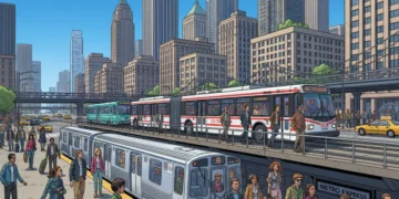 Modern public transport network in a bustling US city, illustrating efficient urban mobility and cost-saving travel.
