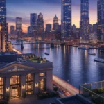 Vibrant US city skyline at dusk with illuminated skyscrapers and luxury hotel