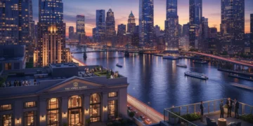 Vibrant US city skyline at dusk with illuminated skyscrapers and luxury hotel