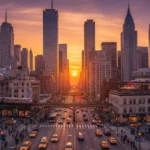 Vibrant US city skyline at sunset, urban exploration