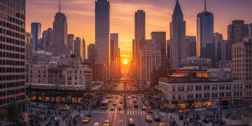 Vibrant US city skyline at sunset, urban exploration