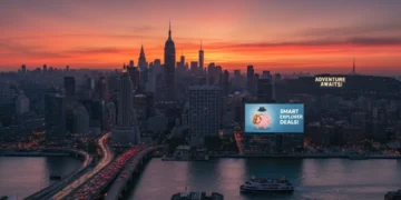 Panoramic view of a bustling US city skyline at sunset, highlighting urban adventure and budget travel.