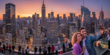 Vibrant US cityscape at dusk with diverse travelers exploring