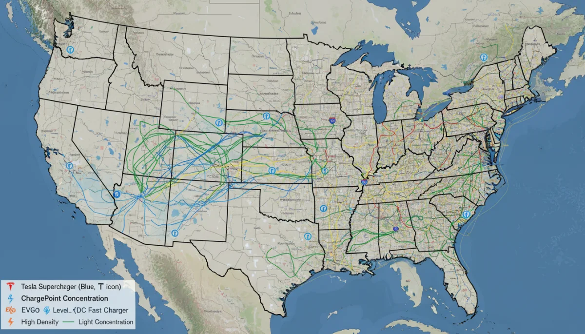 Detailed map of US showing comprehensive EV charging network coverage and density.