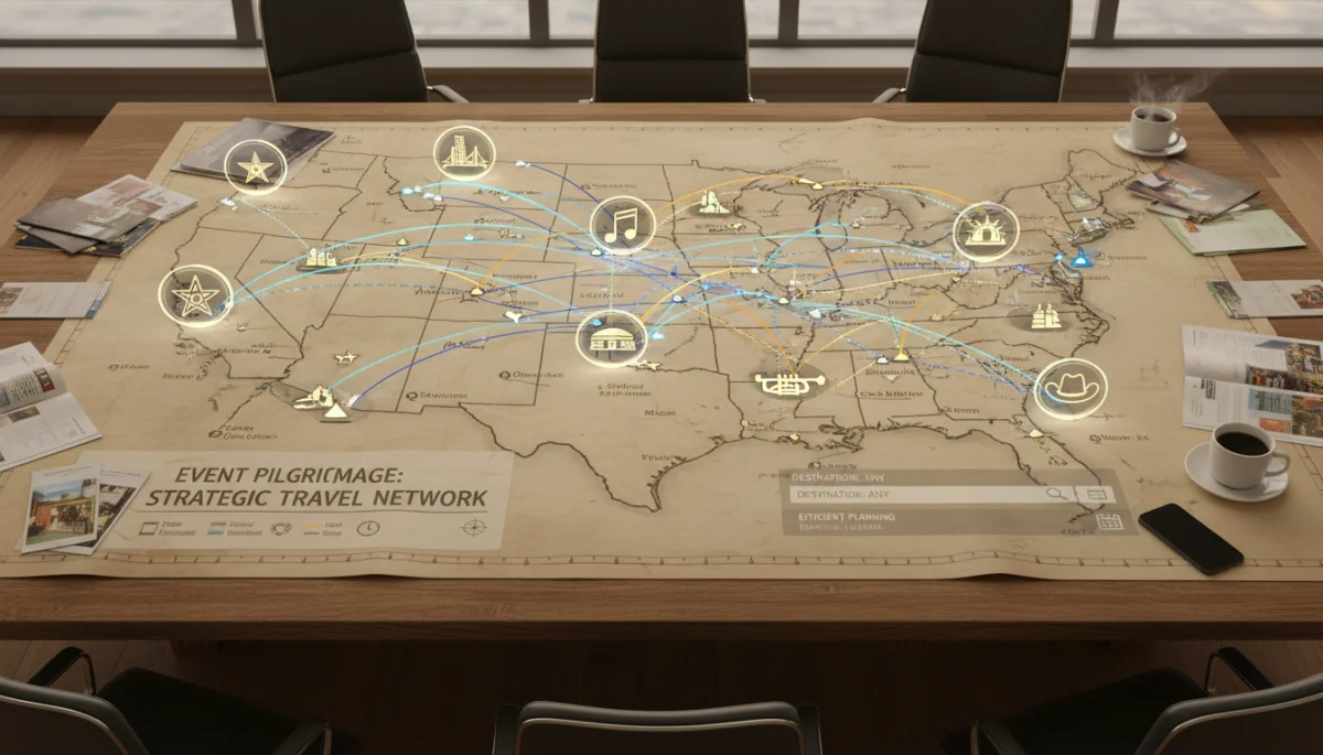 US map highlighting major event cities and travel routes for 2026 planning