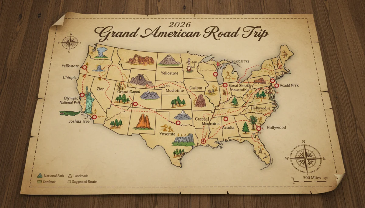 Detailed US map highlighting national parks and road trip routes for 2026 planning