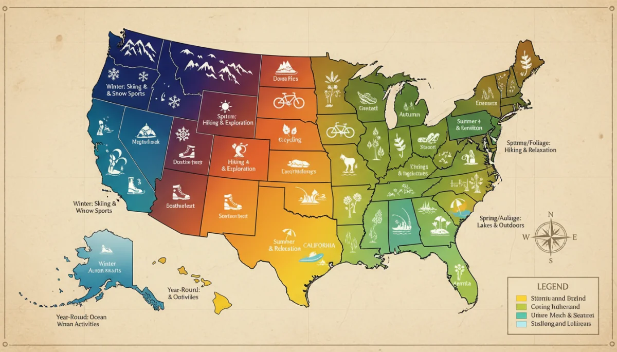 US regional travel guide map by season