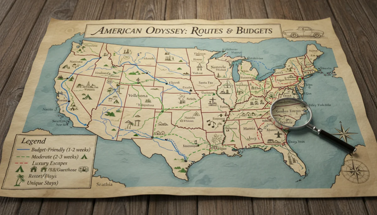 Detailed US map showing various road trip routes and accommodation types.