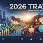 Optimizing US Travel Budget 2026 with financial graphs and diverse US landmarks.