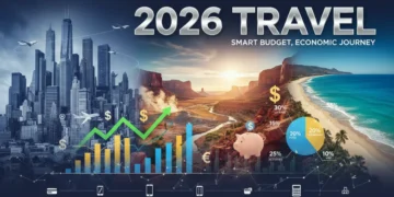 Optimizing US Travel Budget 2026 with financial graphs and diverse US landmarks.