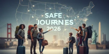 Travelers with luggage and map, ready for 2026 US travel, emphasizing preparedness