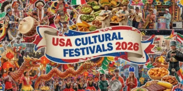 Vibrant collage of diverse cultural festivals across the USA 2026