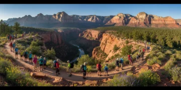 Hikers enjoying a panoramic view at a USA national monument in 2026, showcasing diverse landscapes and clear skies.