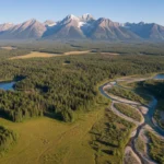 Aerial view of vast USA protected wilderness with mountains and forests