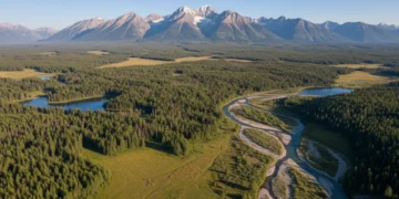 Aerial view of vast USA protected wilderness with mountains and forests